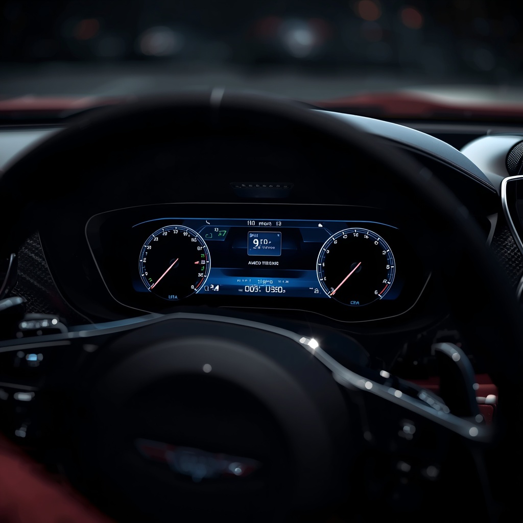 Close-up of a modern luxury car interior, digital dashboard glowing, carbon fiber accents, premium leather details, photorealistic