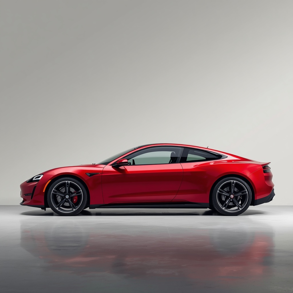 Sleek side profile of a modern red electric sports car parked in a minimalist showroom, soft studio lighting, professional photography